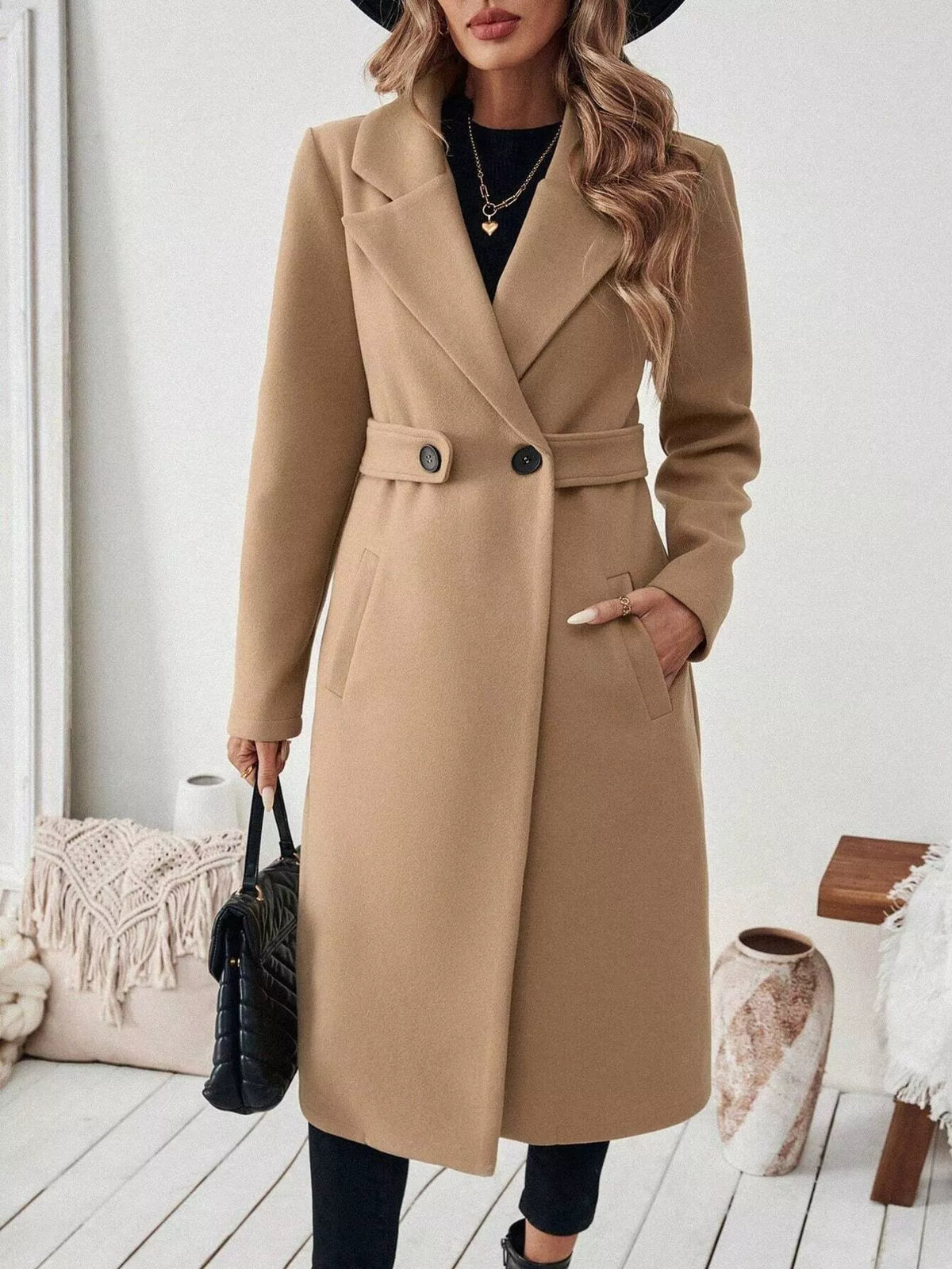 Lapel Collar Longline Coat - Camel - View 4
