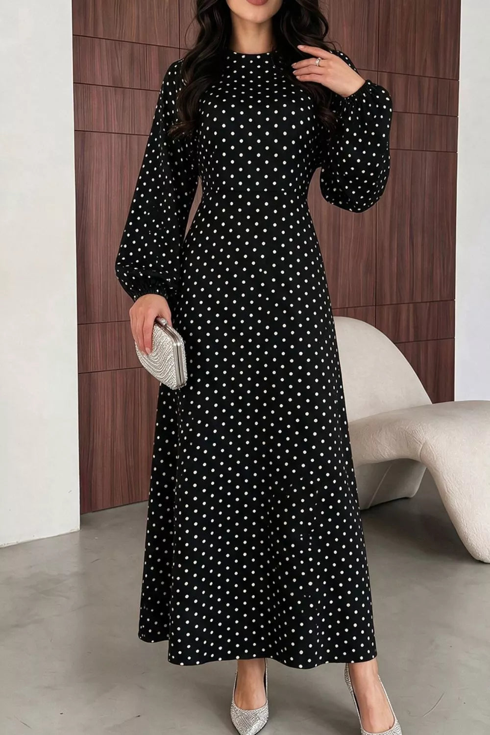 Polka Dot Long Sleeve Maxi Dress - Black - View 1
