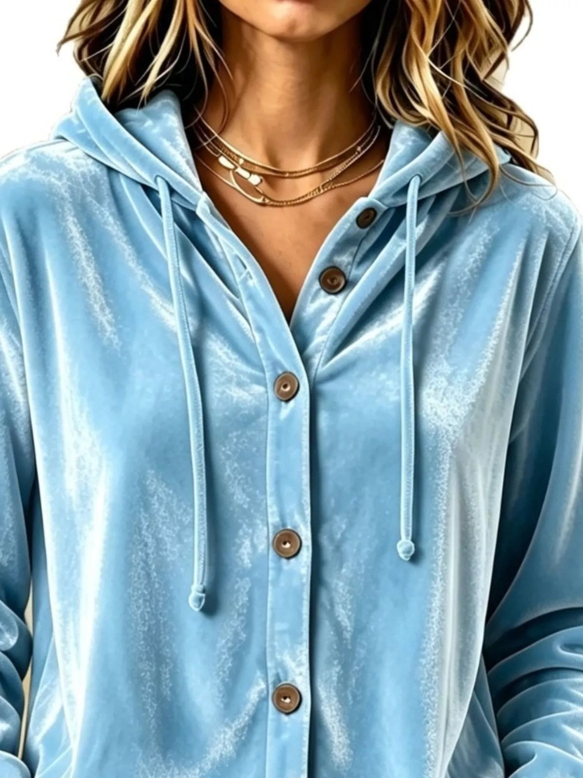 Full Size Velvet Button-Down Hooded Top Plus Size - Cerulean - View 2