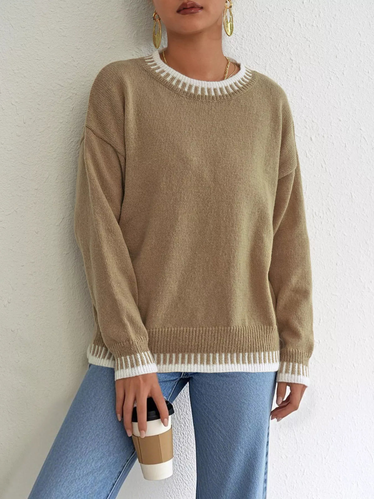 Contrast Trim Crew Neck Drop Shoulder Sweater - Camel - View 1
