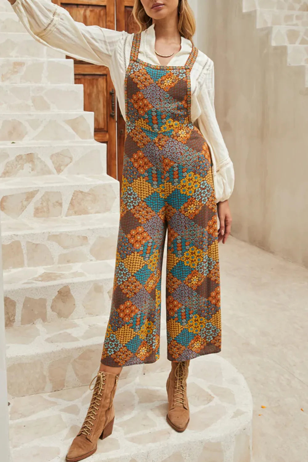 Floral Crisscross Strap Wide Leg Overalls - Floral - View 1