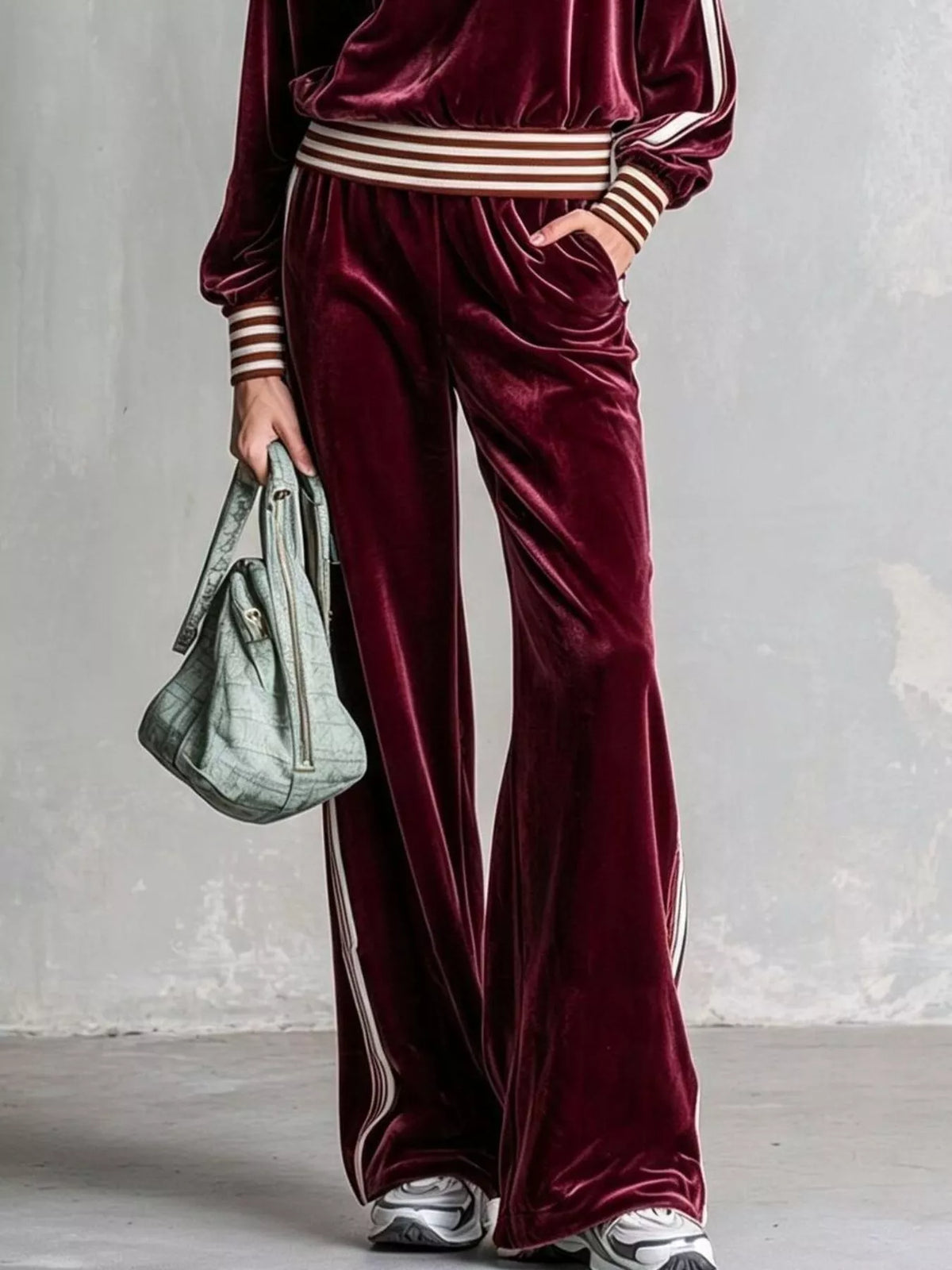 Striped Half Zip Top and Pants Set - Burgundy - View 2