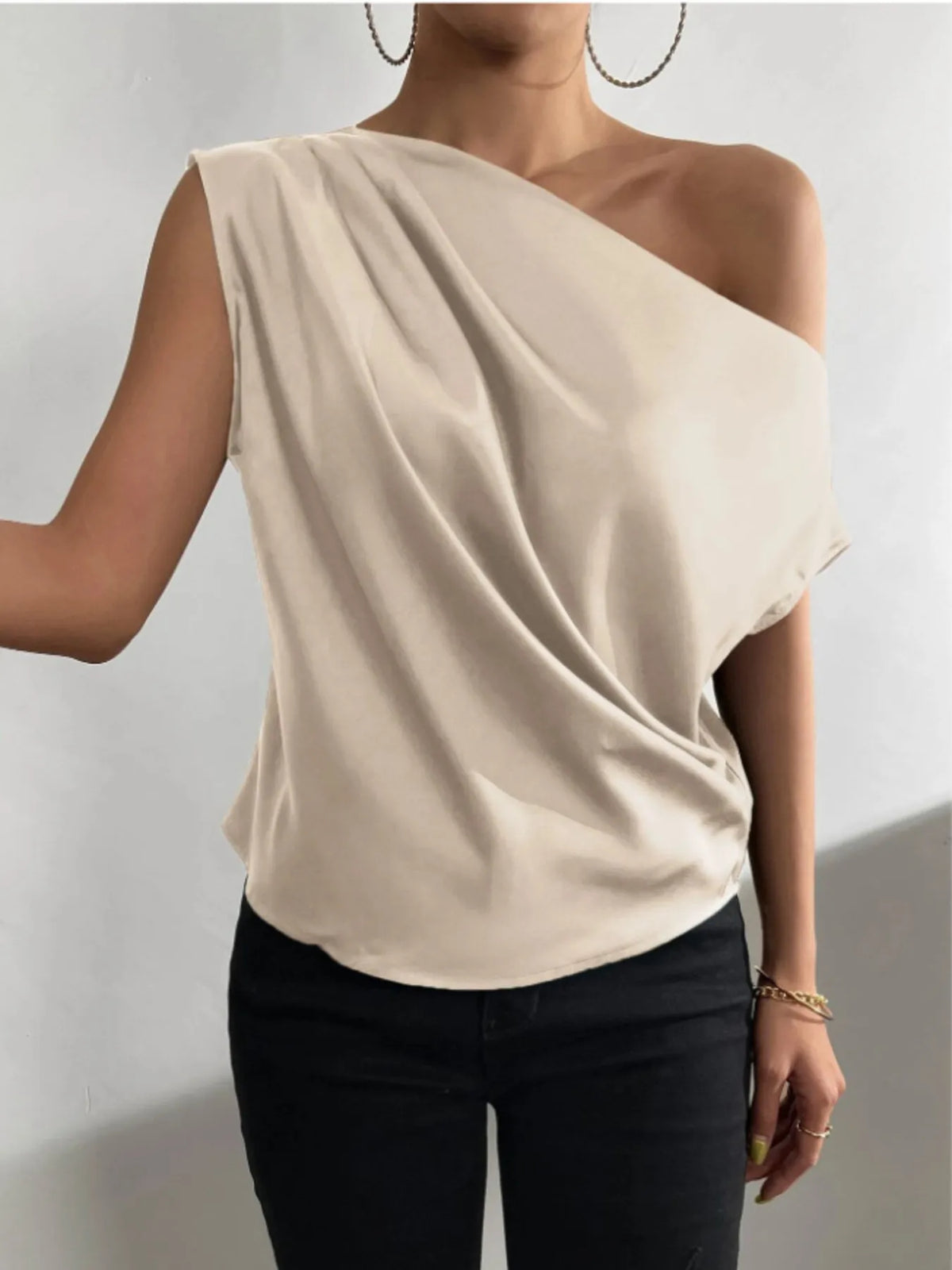 Asymmetrical One-Shoulder Draped Blouse - Milky White - View 7