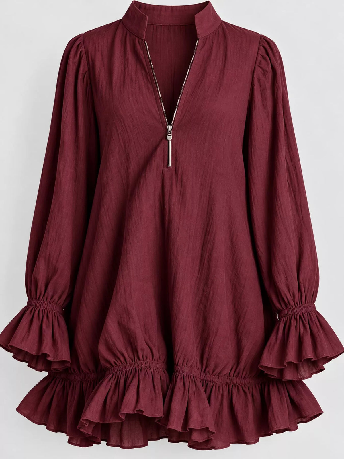 Zipper-Front Ruffle Hem Mini Dress - Burgundy - View 10
