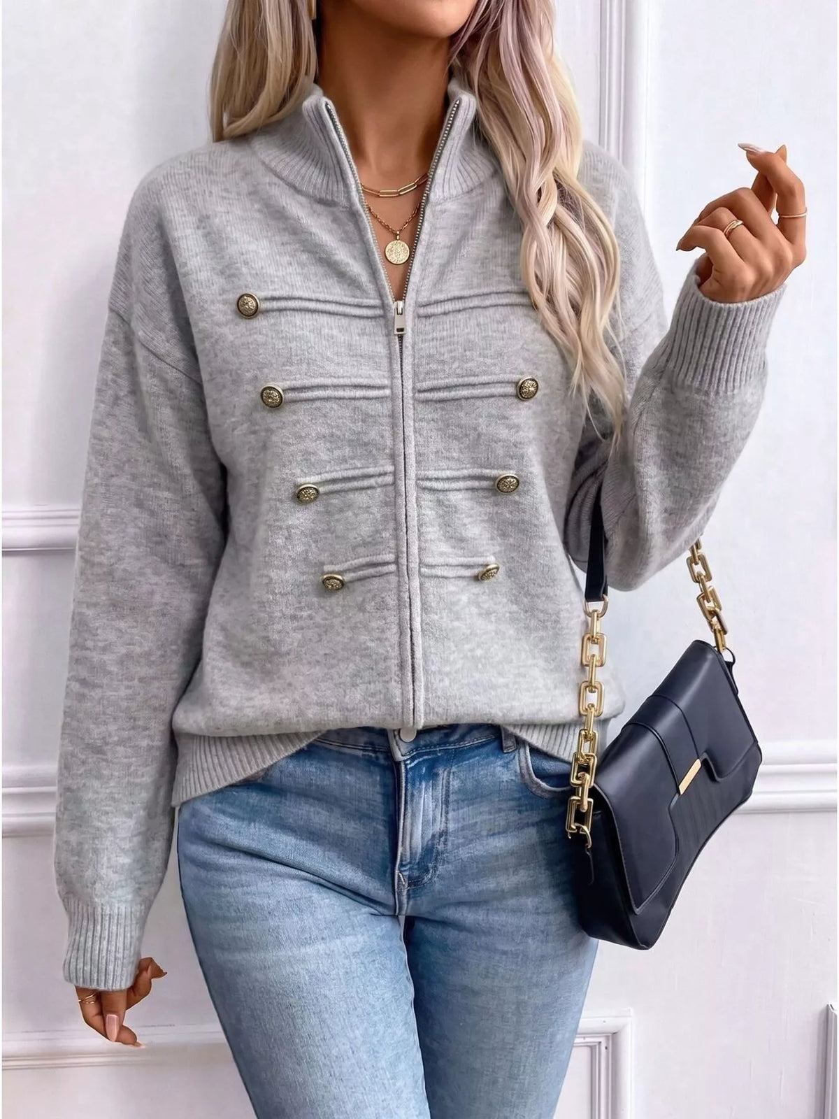 Zip-Up Long Sleeve Cardigan - Gray - View 9