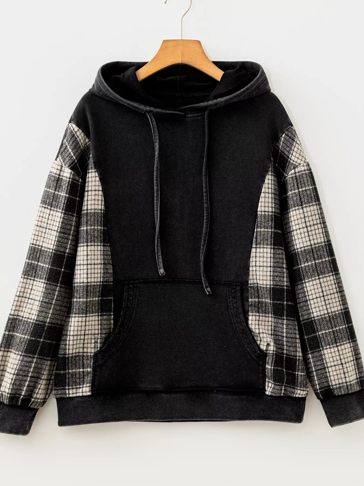 Plaid Sleeve Drawstring Pocket Hoodie - Black - View 25