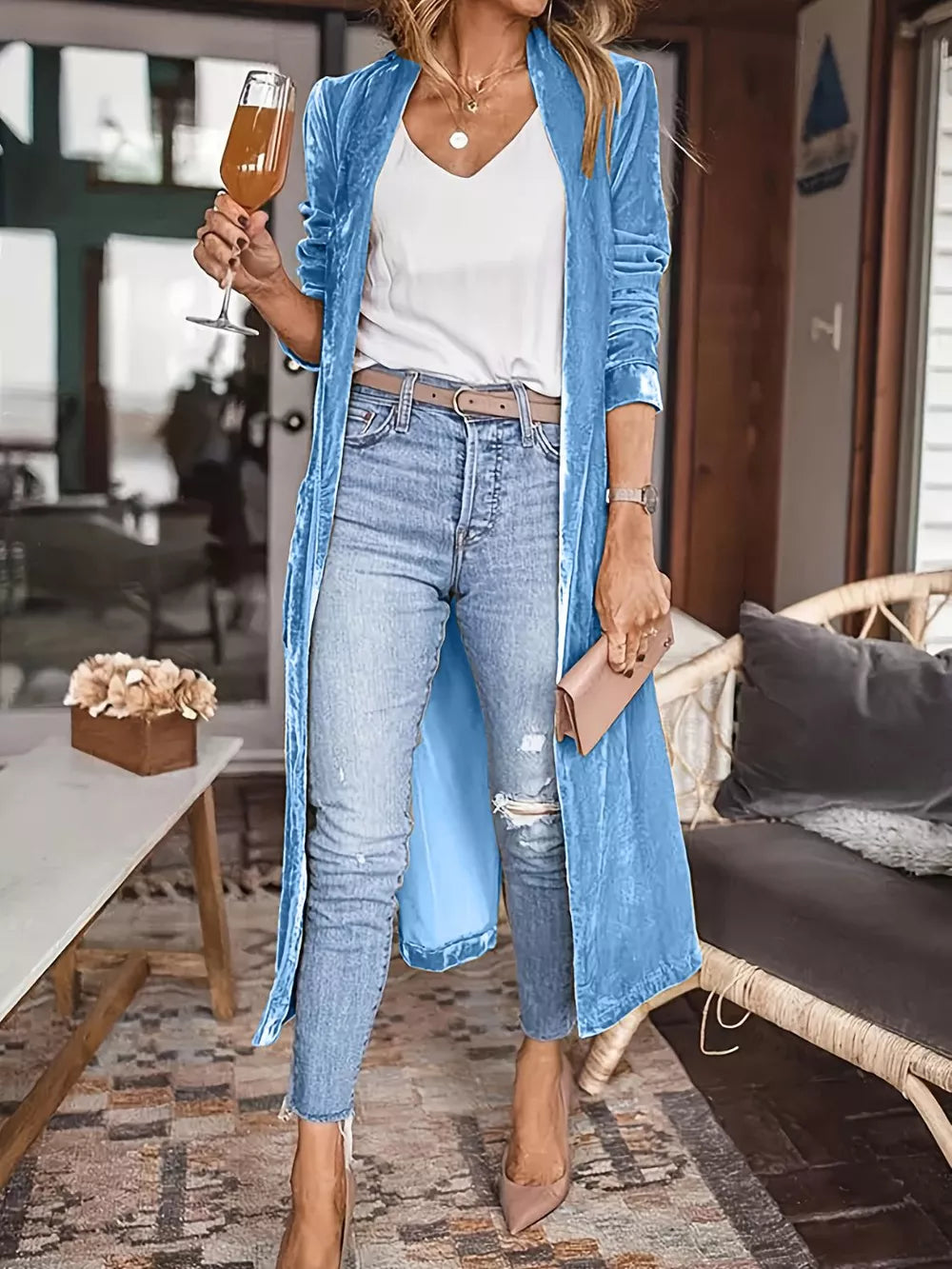 Open Front Long Sleeve Coat - Blue - Styled Front View