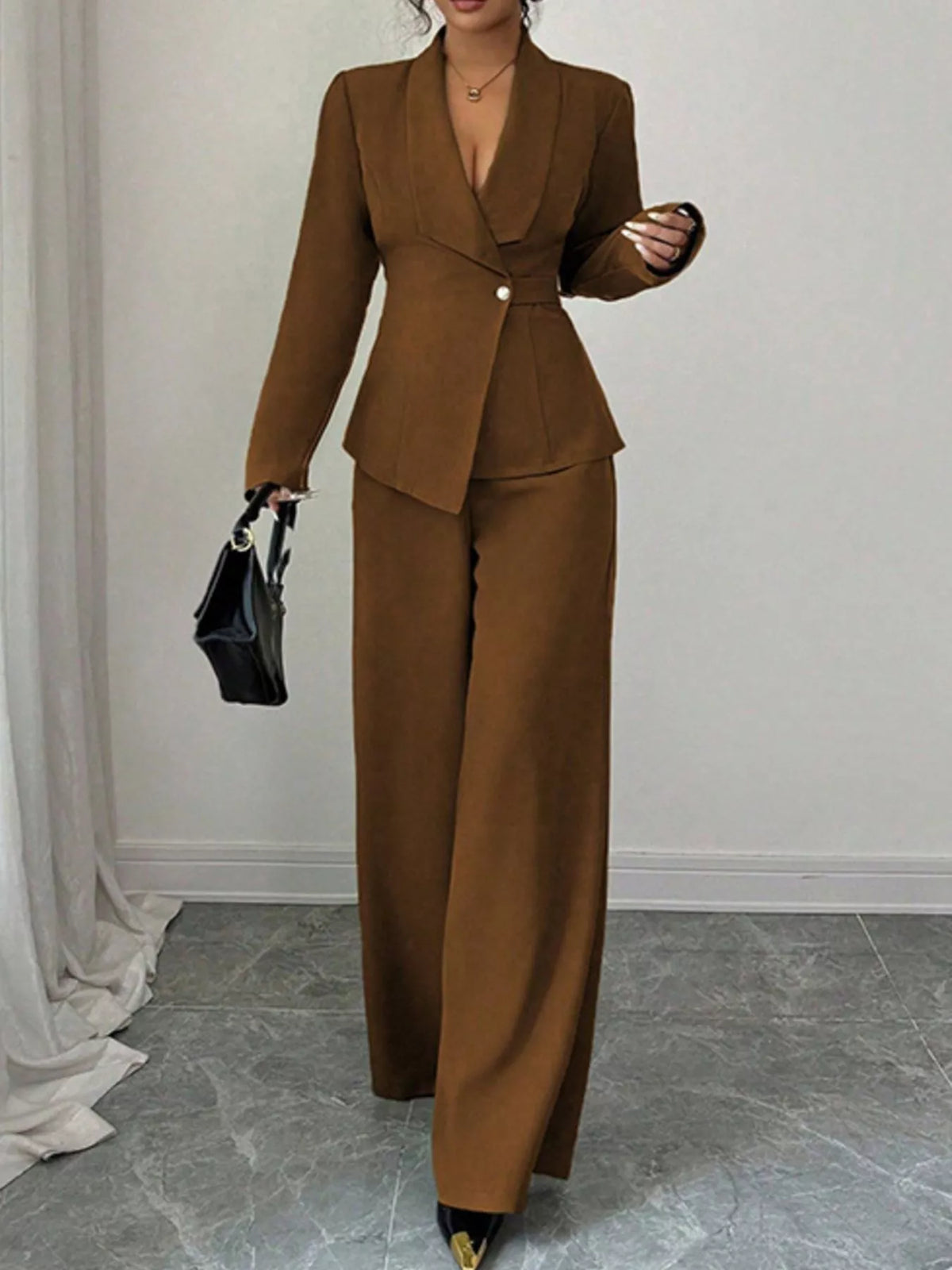 One Button Blazer and Pants Set - Brown Color - View 16