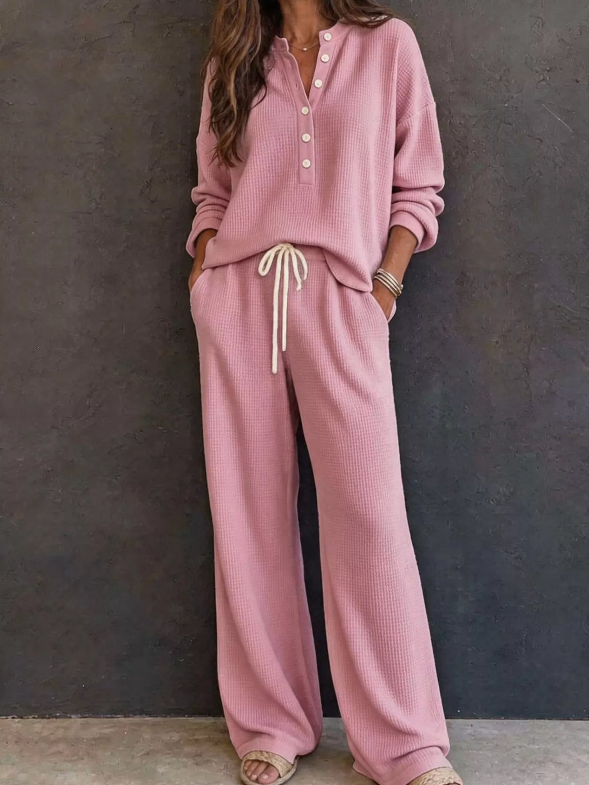 Waffle Knit Henley Top and Wide Leg Pants Set - Dusty Pink - View 4