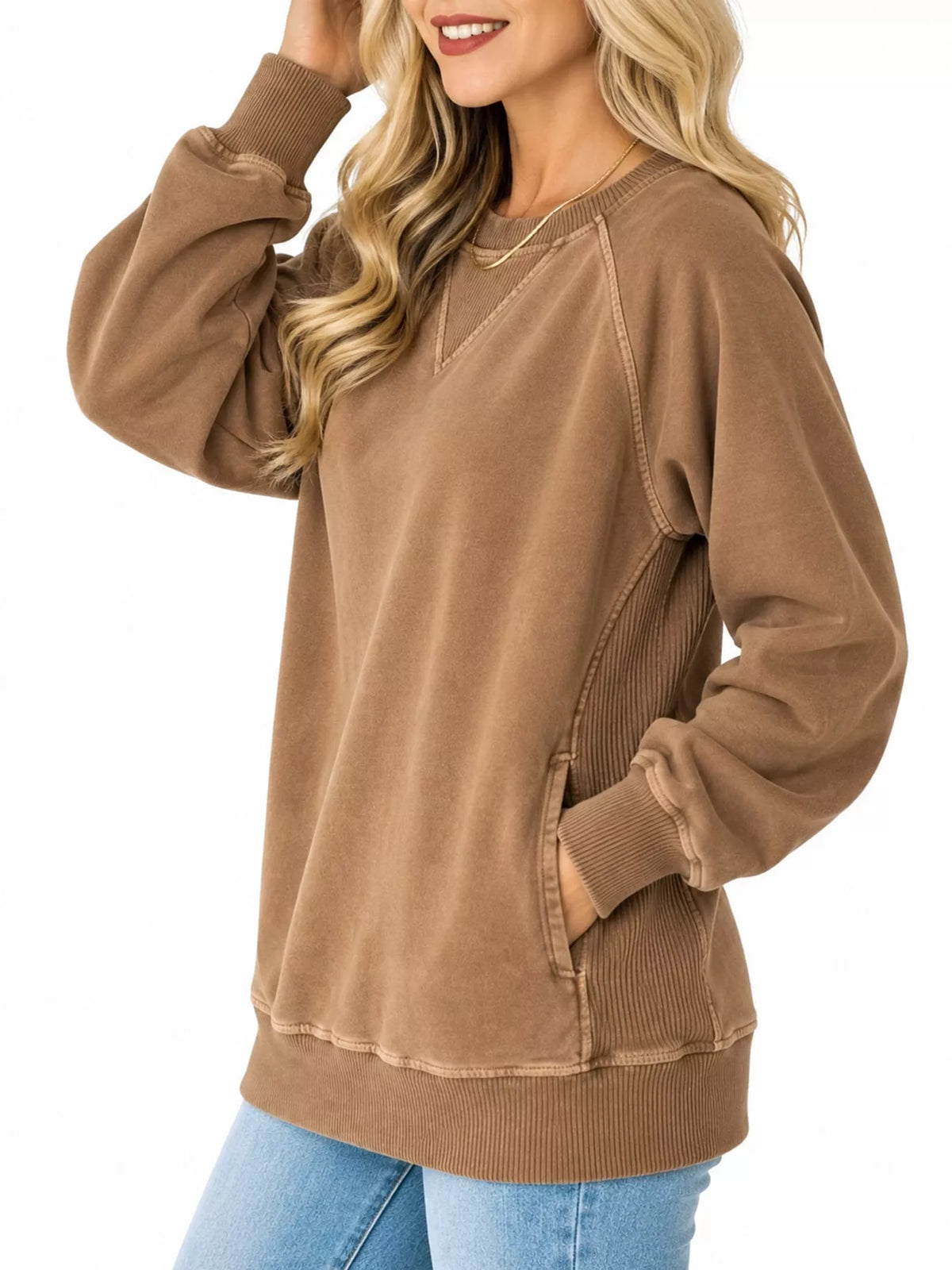 Crew Neck Raglan Sleeve Sweatshirt - Brown - View 25