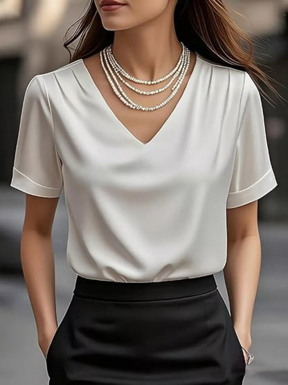 Elegant V-Neck Short Sleeve Ruched Top - White - View 1