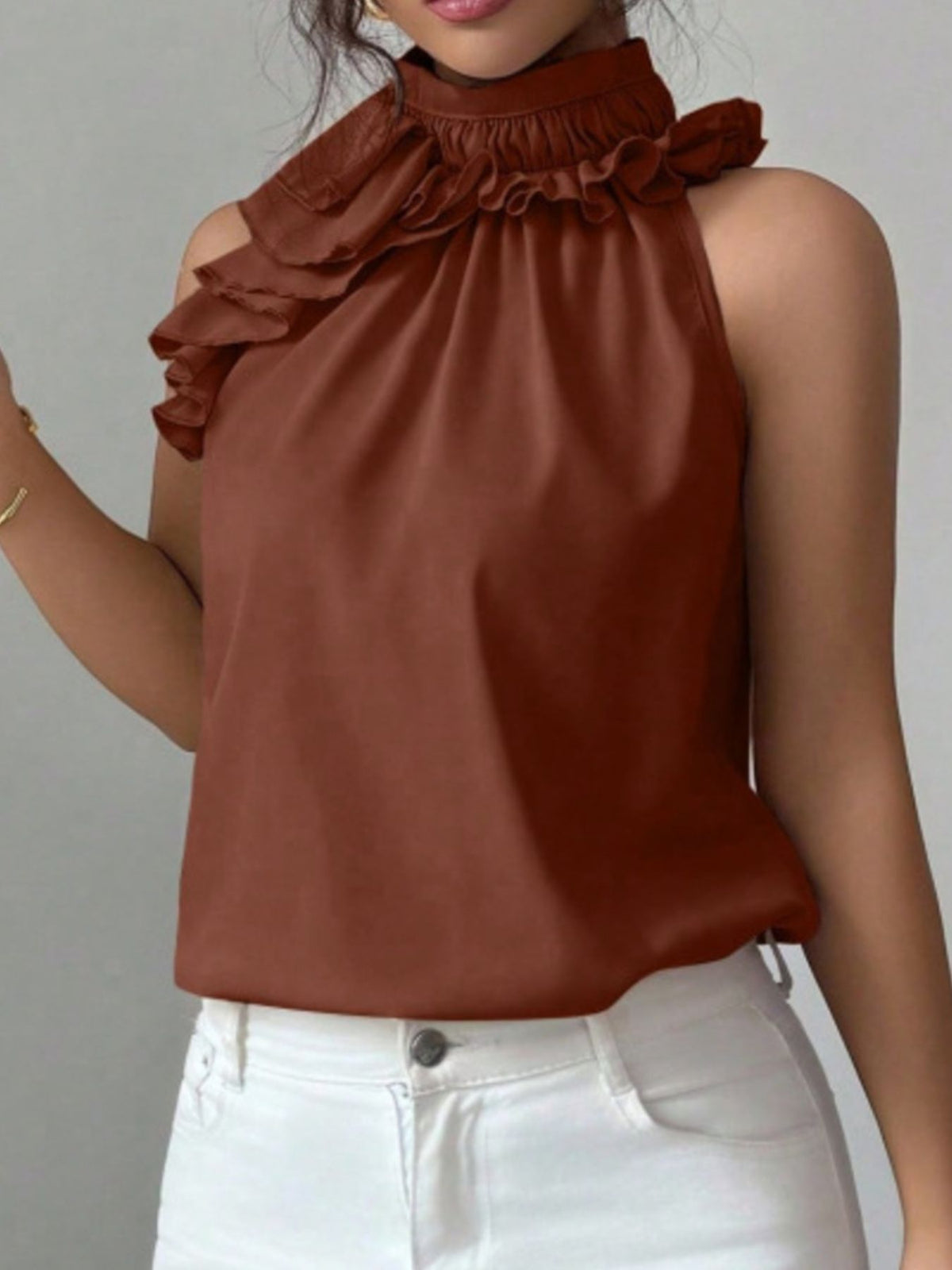 Ruffle High Neck Sleeveless Top - Brown - View 11