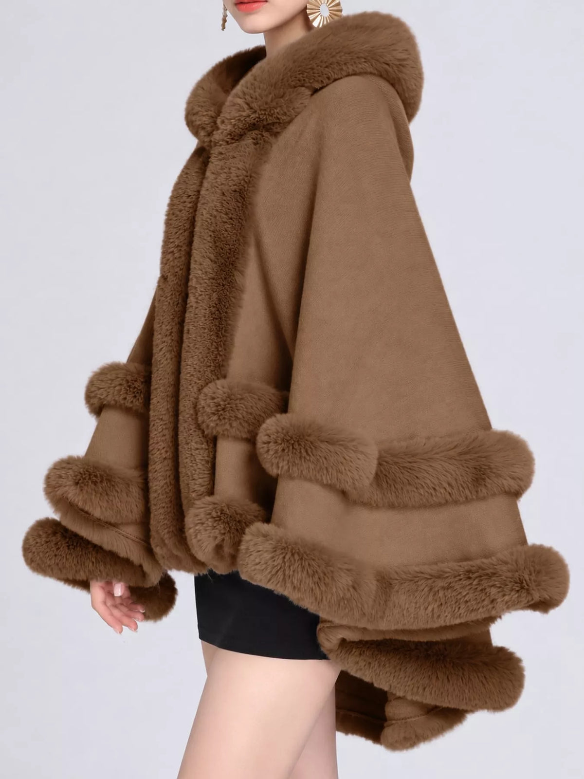 Faux Fur Trimmed Hooded Cape - Khaki - View 30