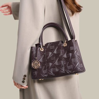 Embossed Pattern Leather Top Handle Handbag - Olive Brown - View 1