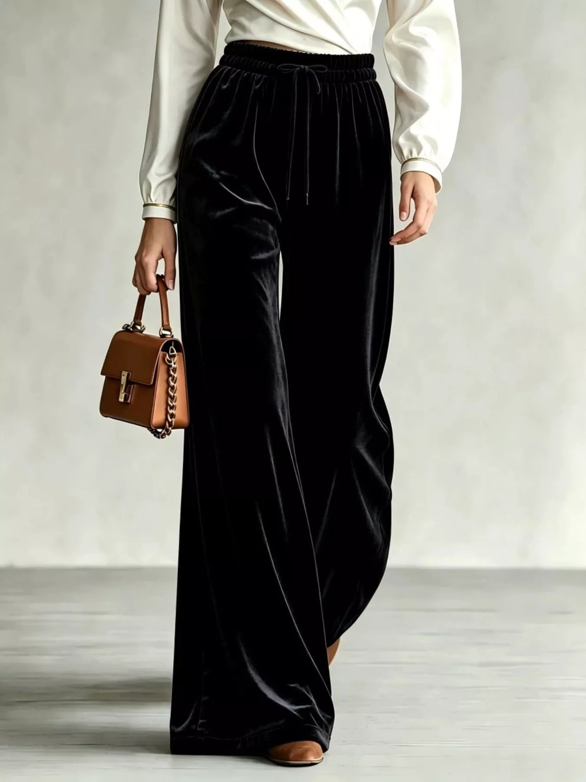 Velvet Wide-Leg Pants with Drawstring - Black - View 1