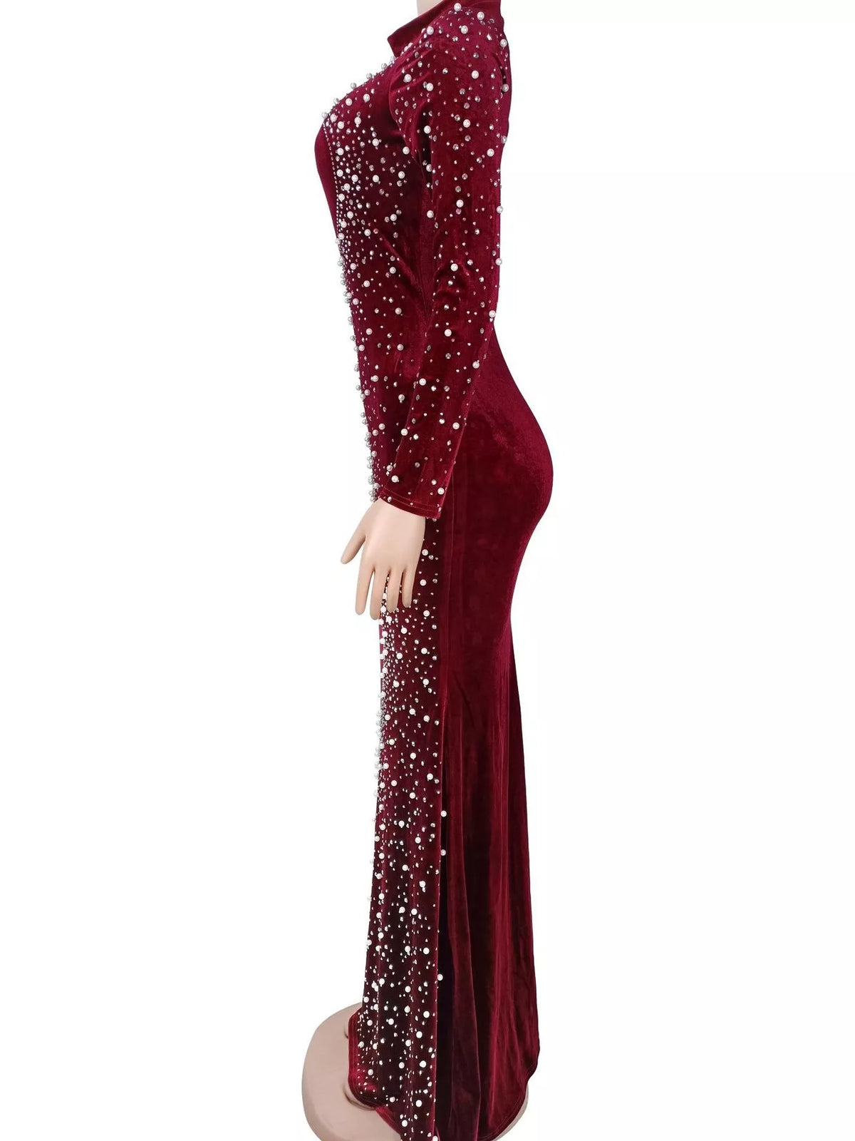 Rhinestone Embellished Velvet Mermaid Evening Maxi Dress - Burgundy - View 4