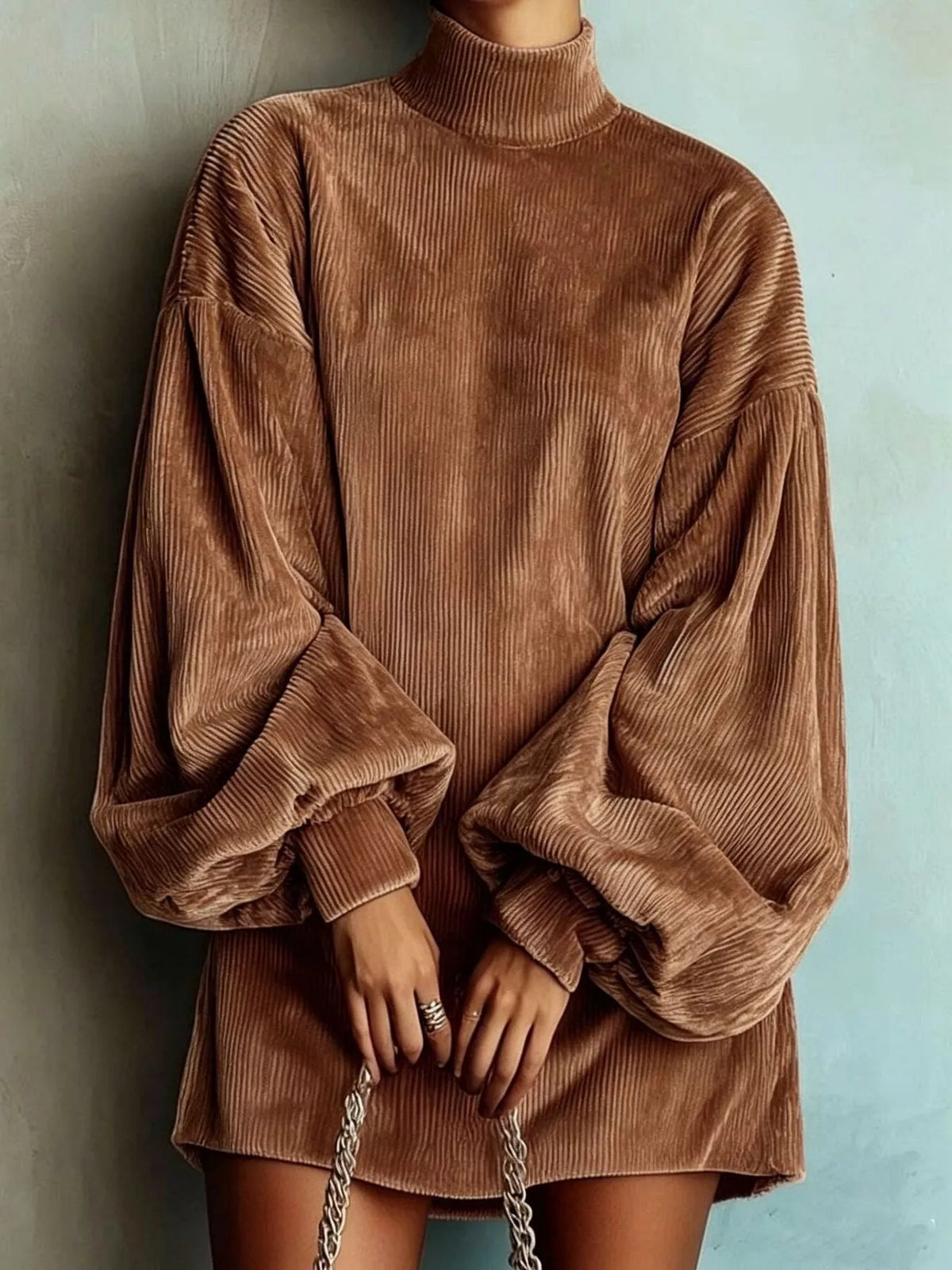 Full Size Ribbed Mock Neck Lantern Sleeve Mini Dress Plus Size - Coffee Brown - View 1