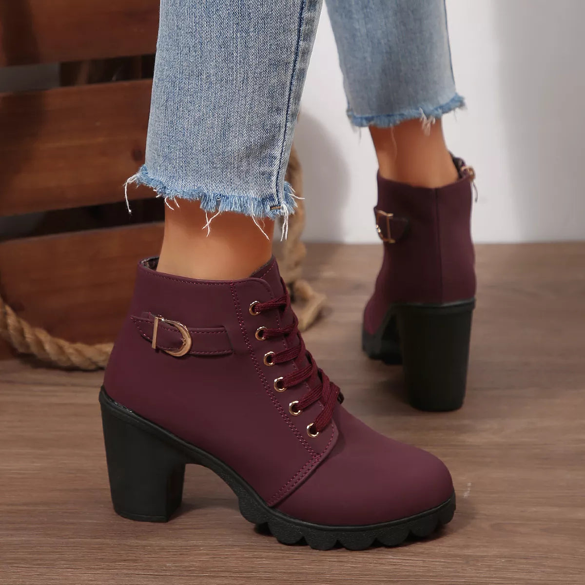 Lace Up Block Heels Boots - Burgundy - View 14