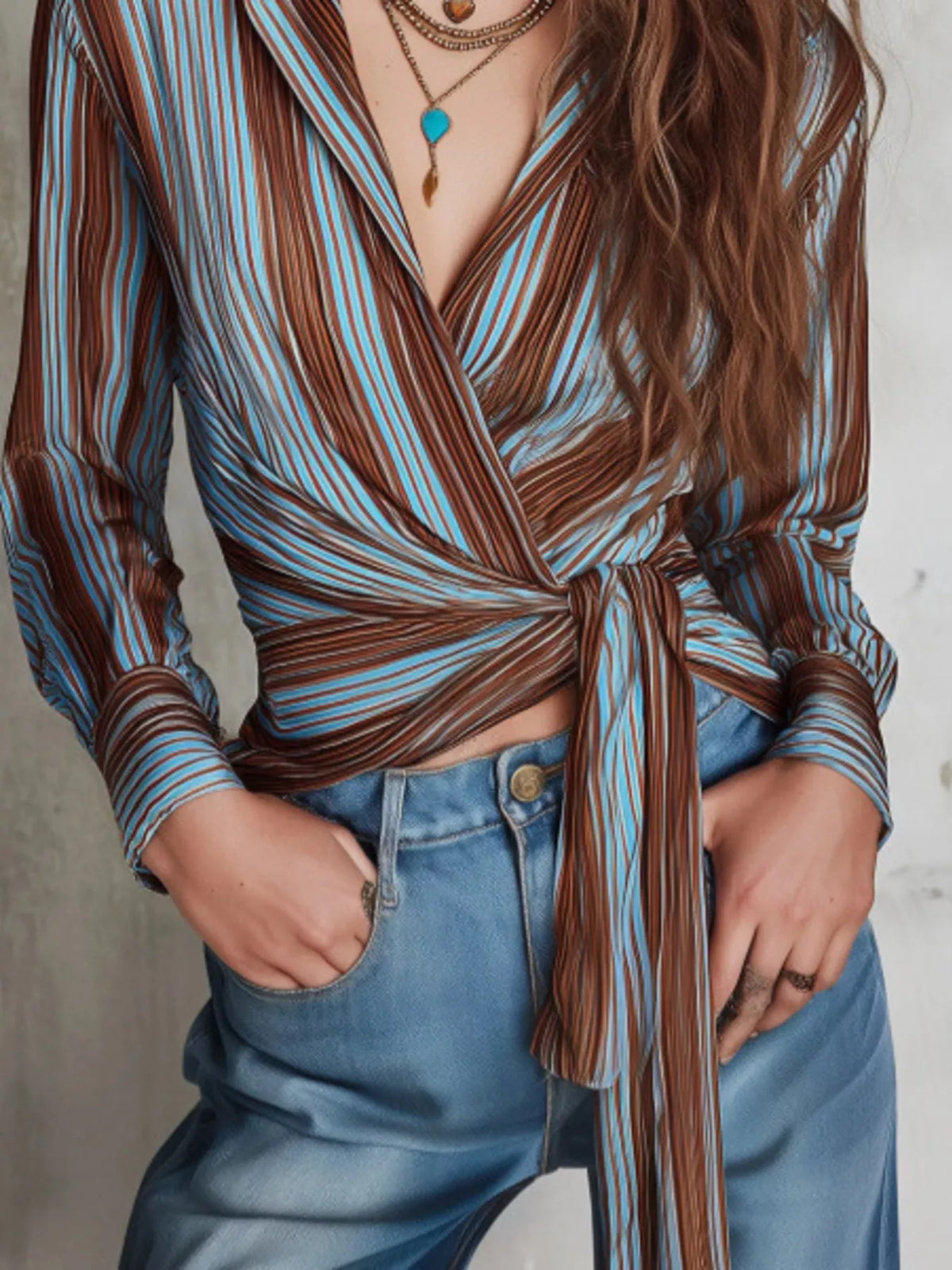 Striped Wrap Shirt with Tie-Front Detail - Pastel  Blue - View 2