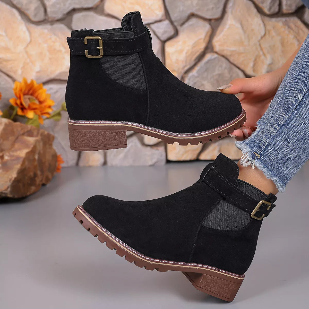 Round Toe Block Heels Boots - Black - View 1