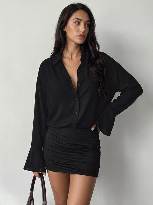 Button Front Flounce Sleeve Bodycon Shirt Dress - Black - View 1