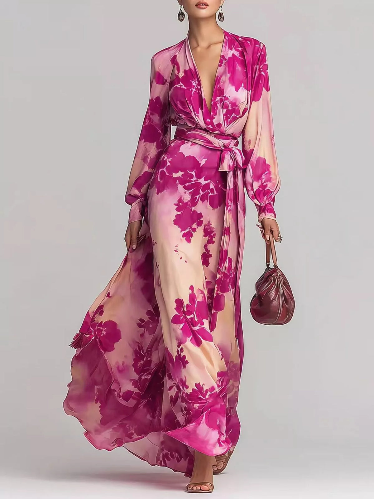 Floral Print Maxi Dress with Waist-Tie Detail - Hot Pink - View 1