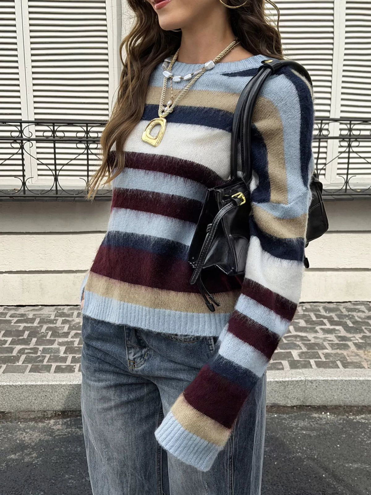 Multi-Color Striped Fuzzy Sweater - Colorful Stripes - View 3