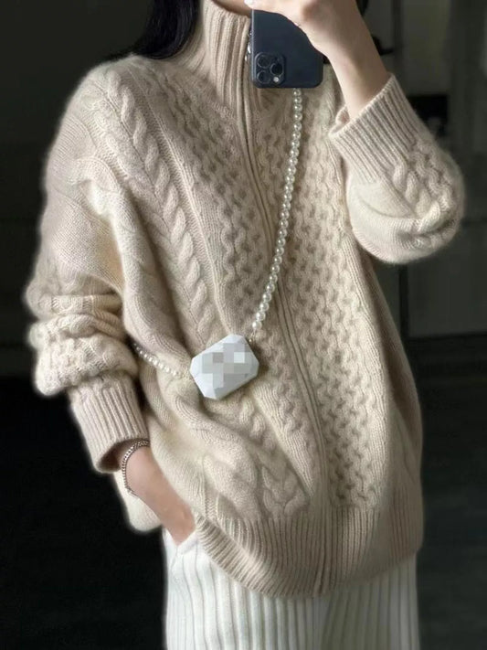 Full Size Cable-Knit Zip-Up Cardigan Plus Size - Light Camel - View 2