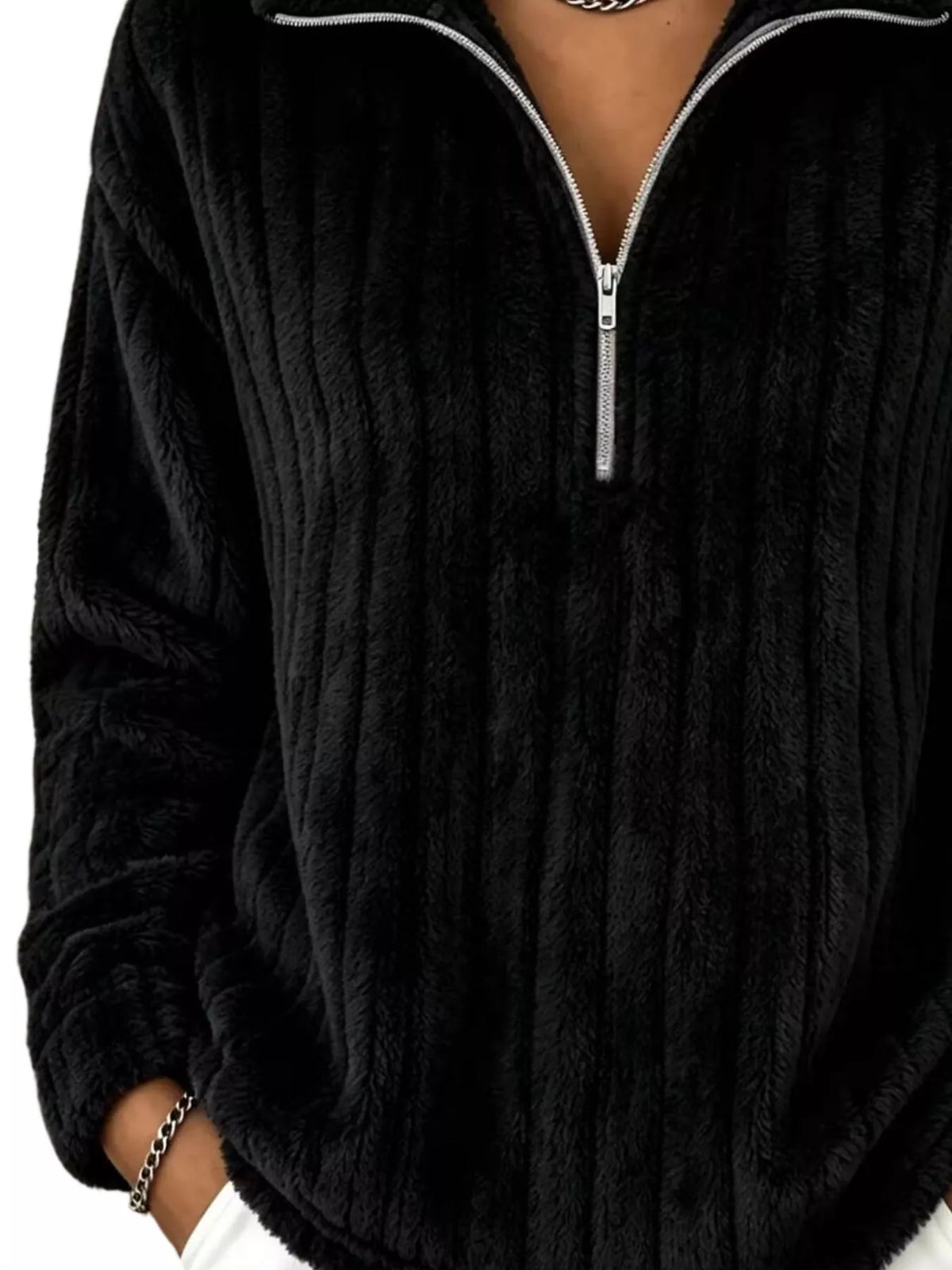 Quarter-Zip Dropped Shoulder Sweatshirt - Black - View 3
