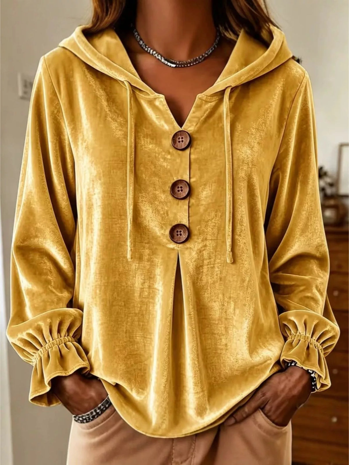 Full Size Decorative Buttons Velvet Hoodie Plus Size - Mustard - View 1
