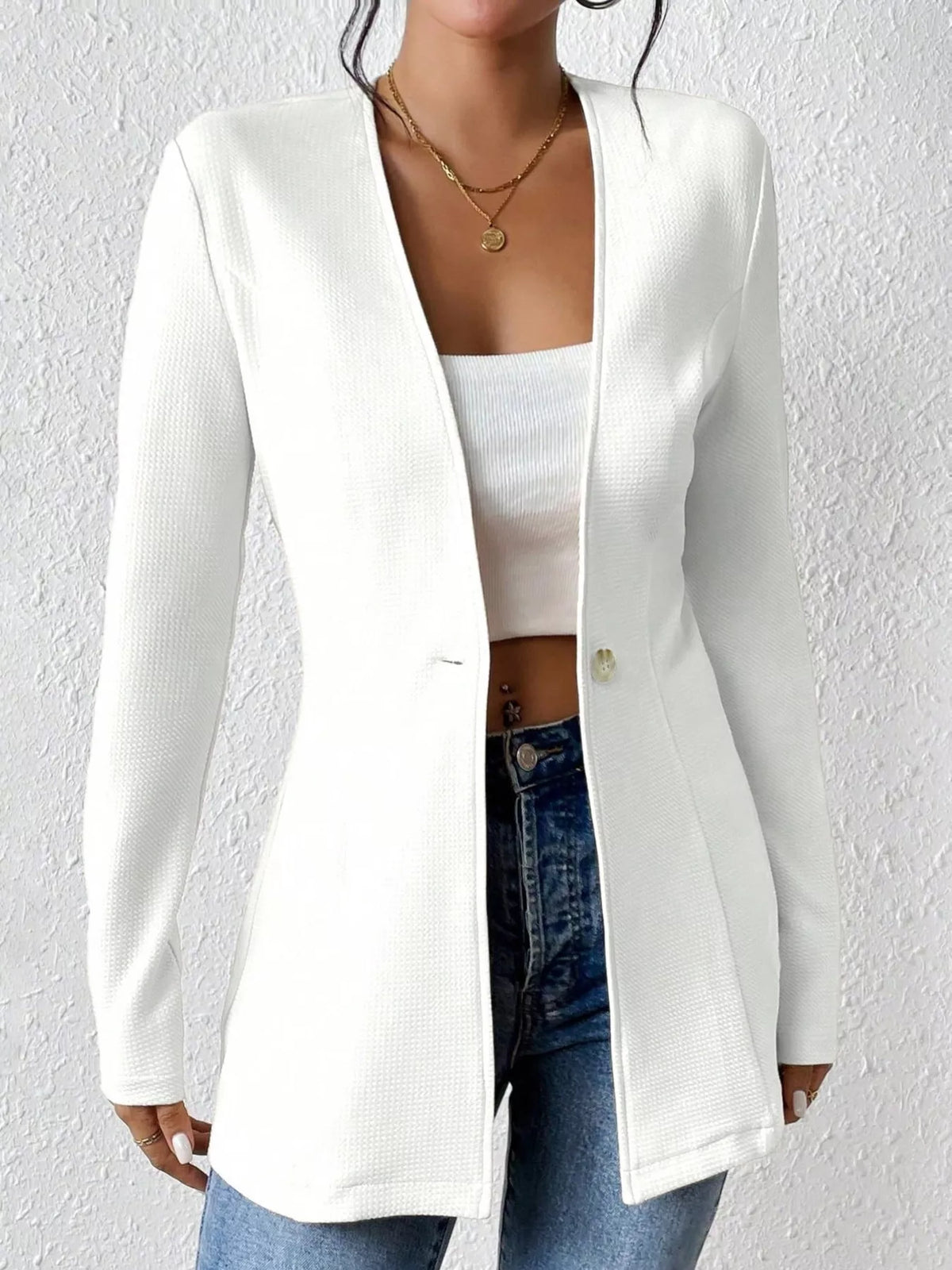 One Button Long Sleeve Blazer - White - View 2