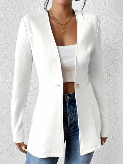 One Button Long Sleeve Blazer - White - View 2