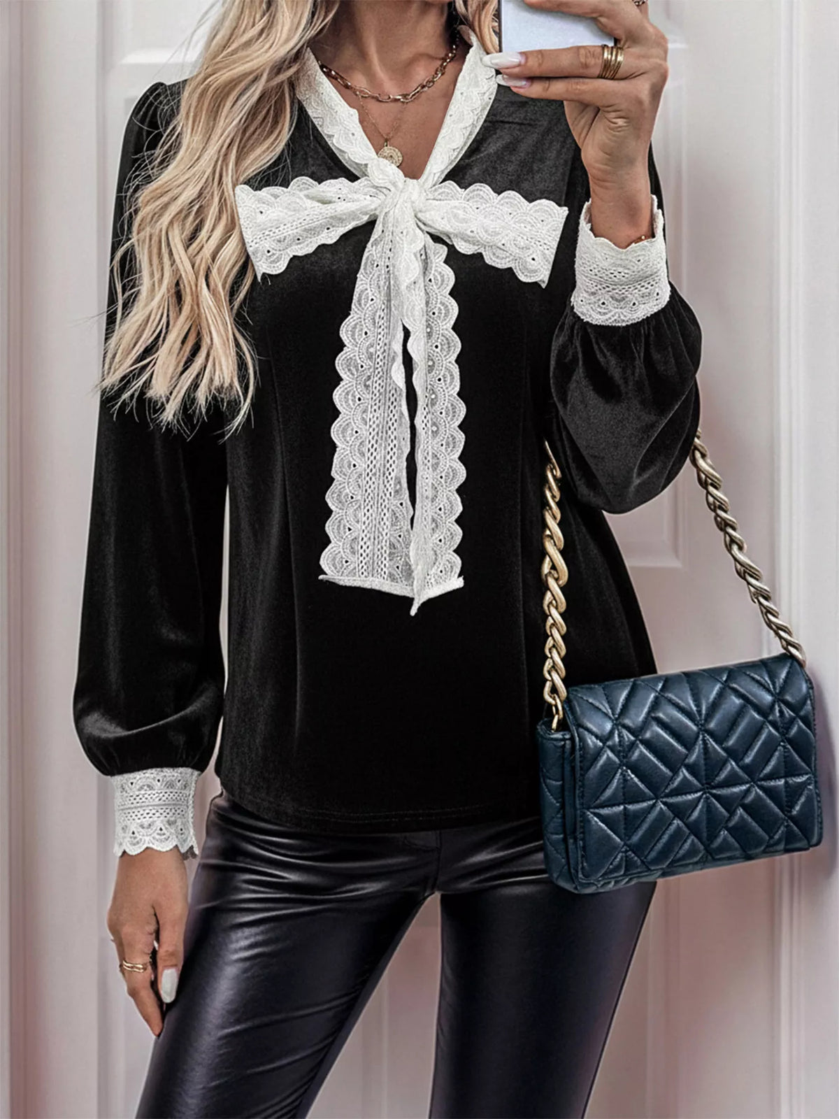 Lace Detail Long Sleeve Blouse - Black - View 3