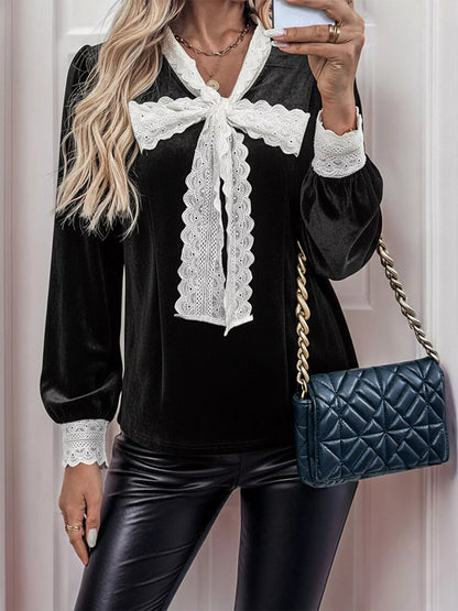 Lace Detail Long Sleeve Blouse - Black - View 3