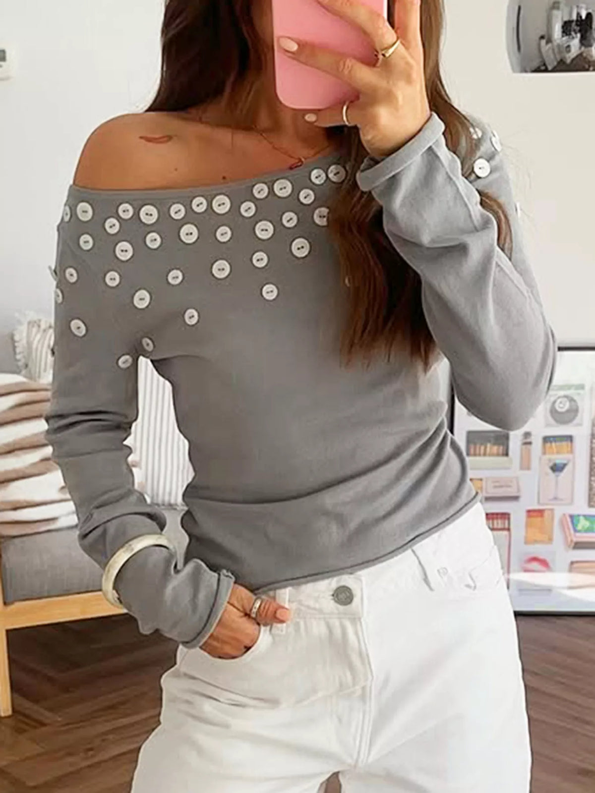 Decorative Button One Shoulder Top - Gray - View 2