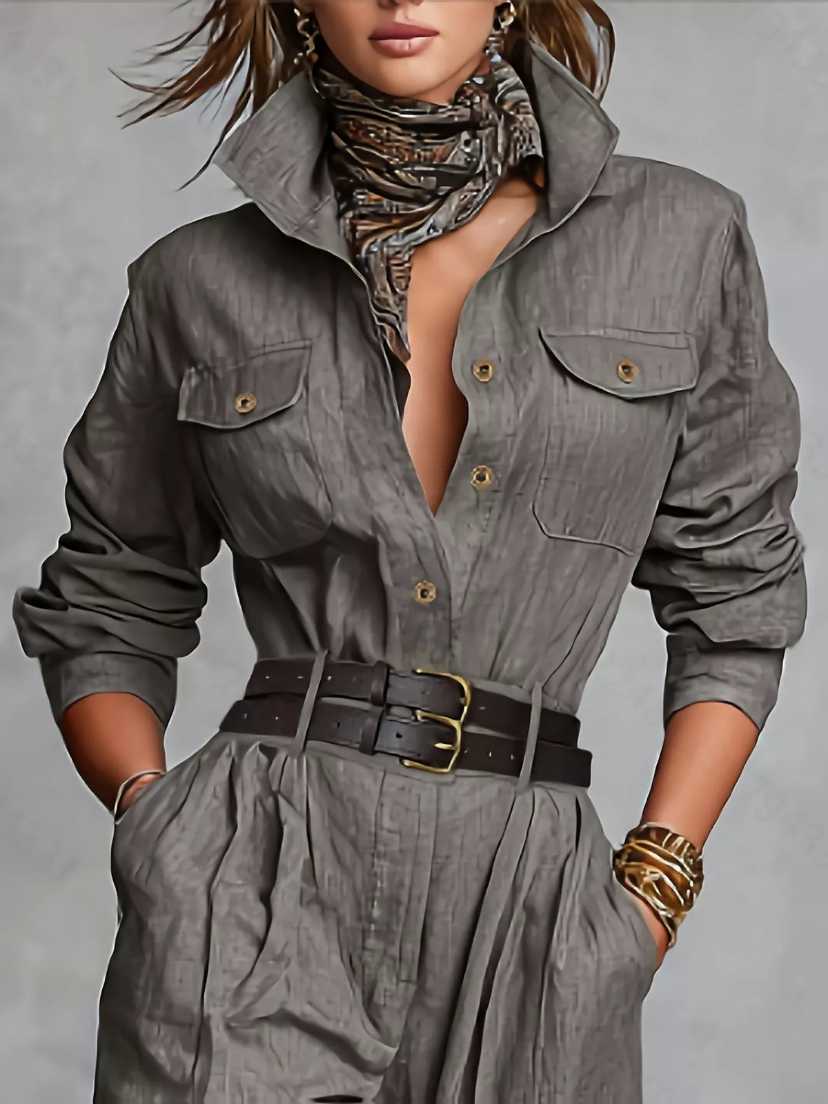 Button Front Long-Sleeve Jumpsuit - Gray - View 2
