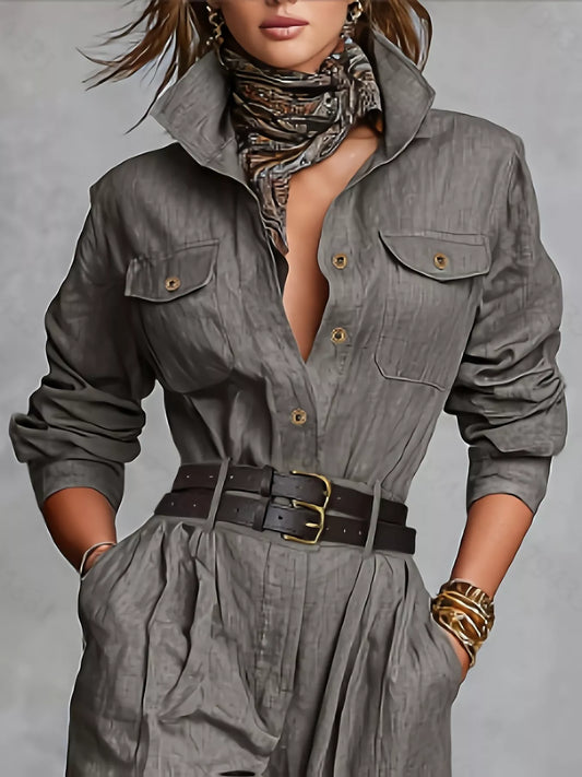 Button Front Long-Sleeve Jumpsuit - Gray - View 2