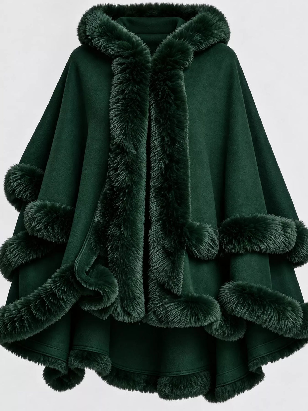 Faux Fur Trimmed Hooded Cape - Dark Green - View 43