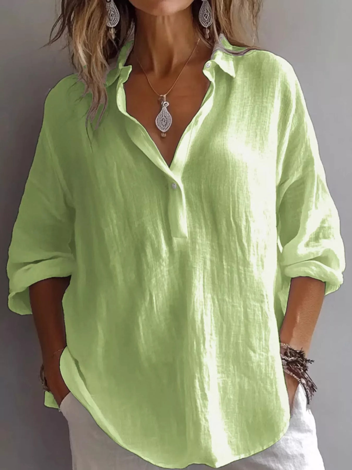 Collared Neck Long Sleeve Blouse - Green - View 5