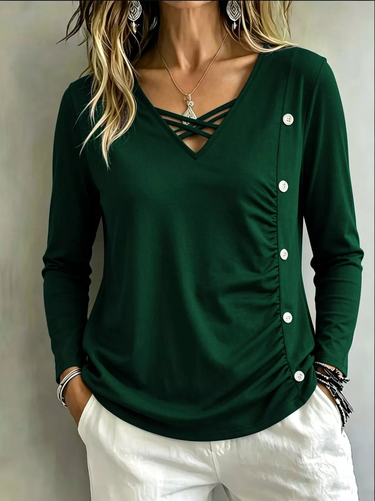 Plus Size Decorative Button Criss-Cross Long Sleeve Top - Dark Green - View 1
