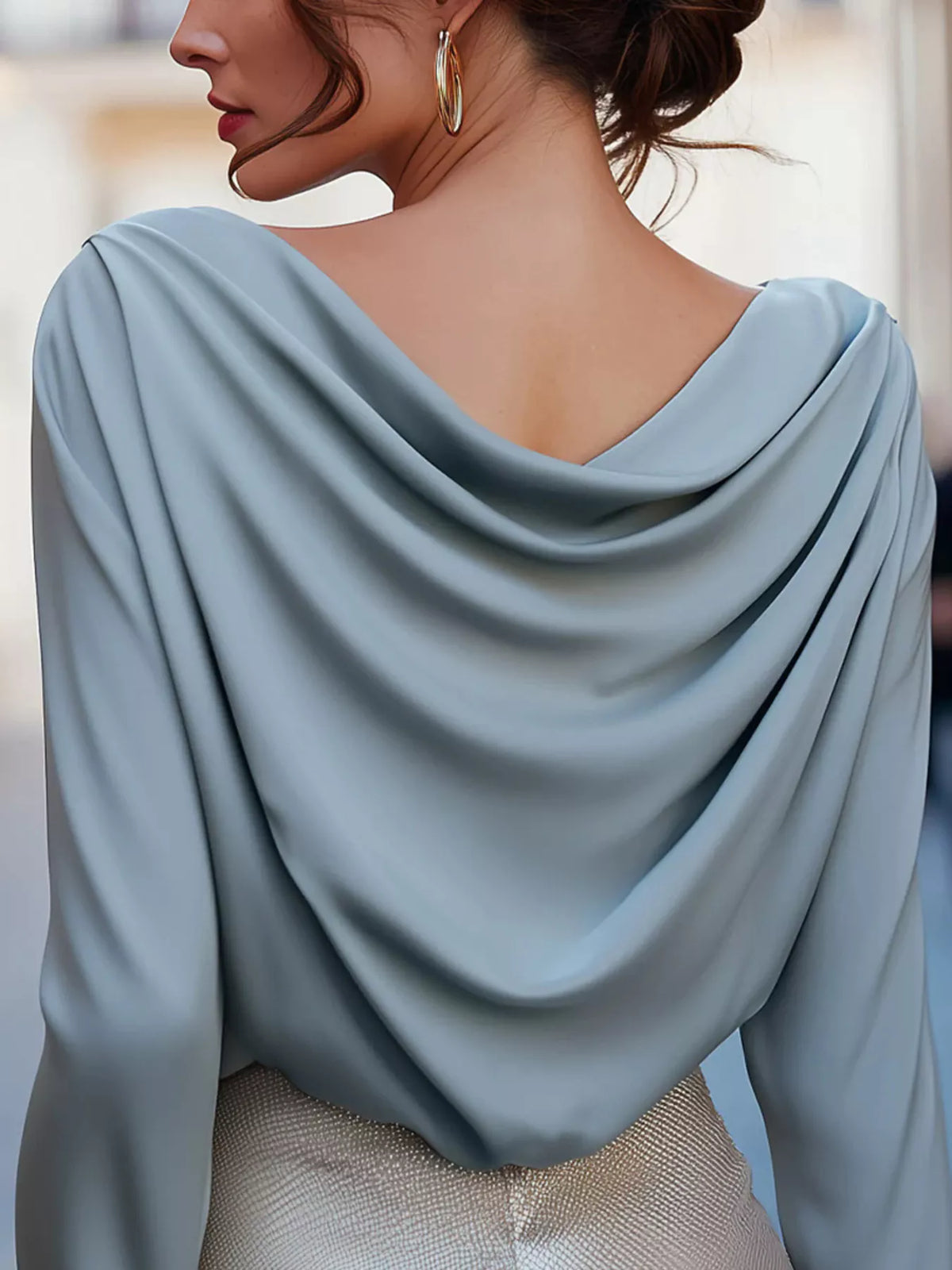 Cowl Neck Long Sleeve Blouse - Sky Blue - View 4