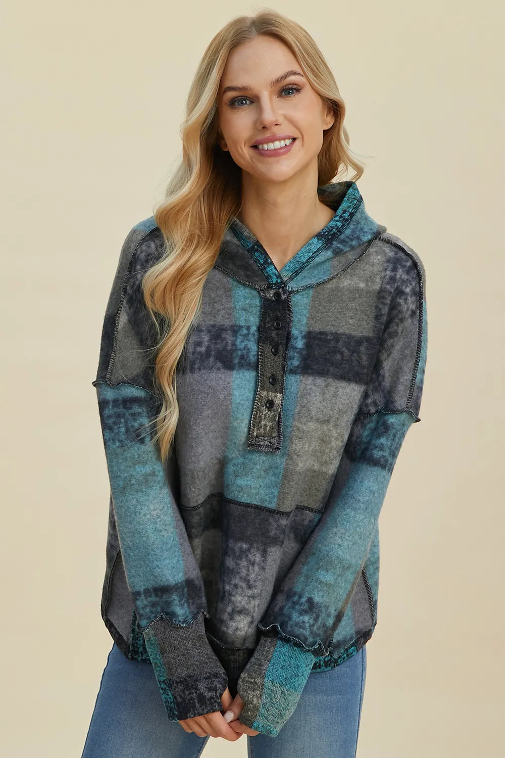 Double Take Full Size Plaid Dropped Shoulder Fleece Hoodie Plus Size - Dark Gray - View 2