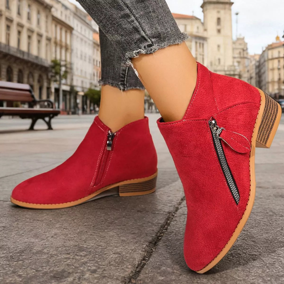 Point Toe Block Heels Boots - Red - View 5