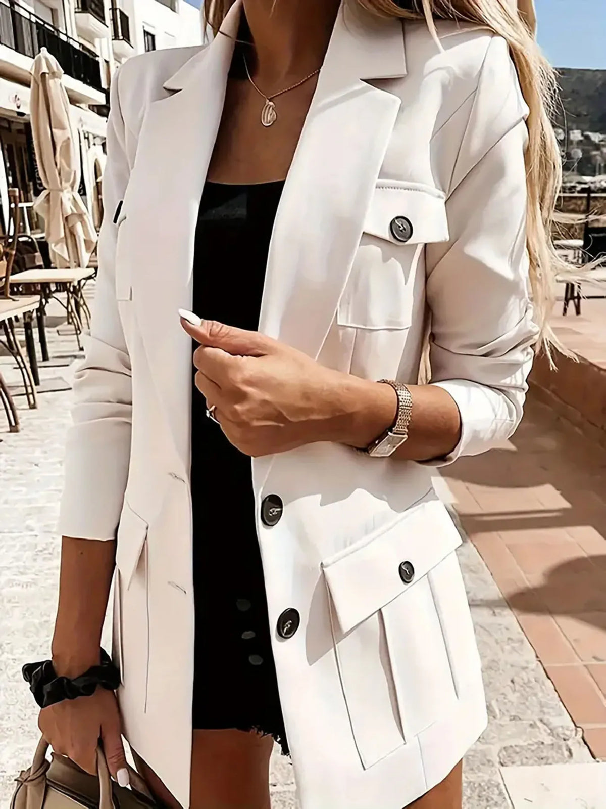 Lapel Collar Long Sleeve Blazer - White - View 5