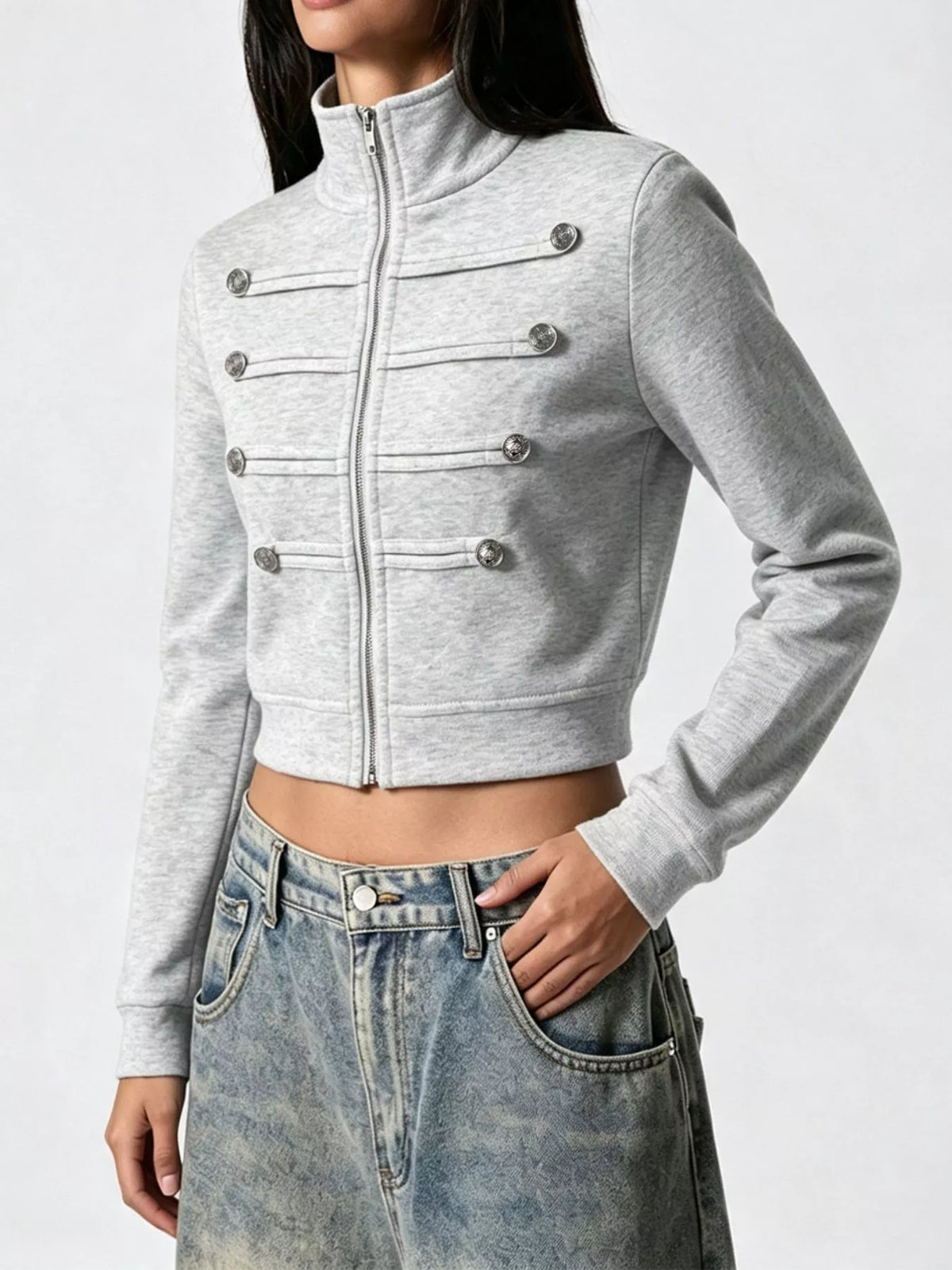Cropped Zip-Up Outerwear with Decorative Buttons - Gray - View 4