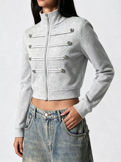 Cropped Zip-Up Outerwear with Decorative Buttons - Gray - View 4
