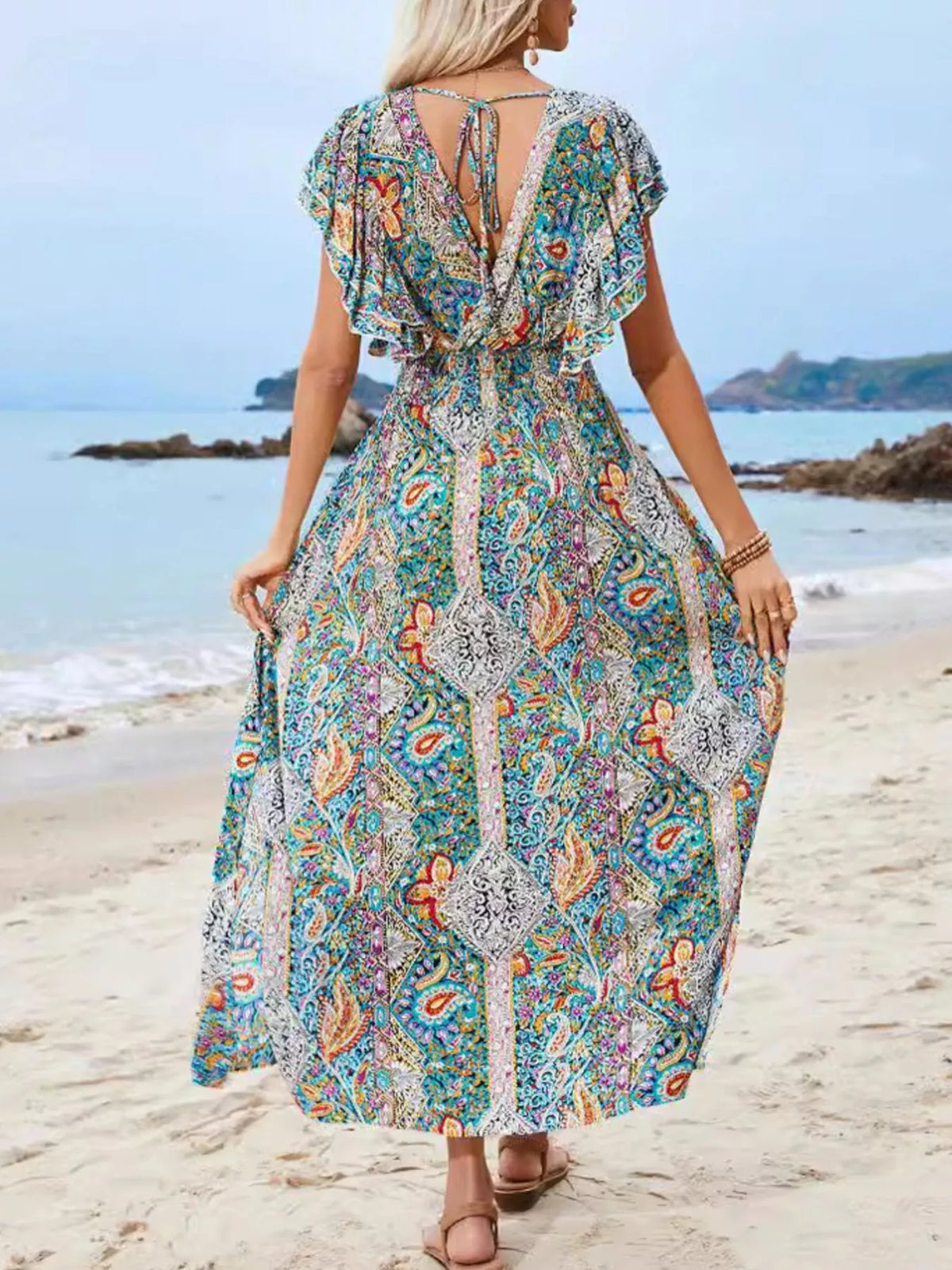 Paisley Print Flutter Sleeve Smocked Maxi Dress - Multicolor - View 3
