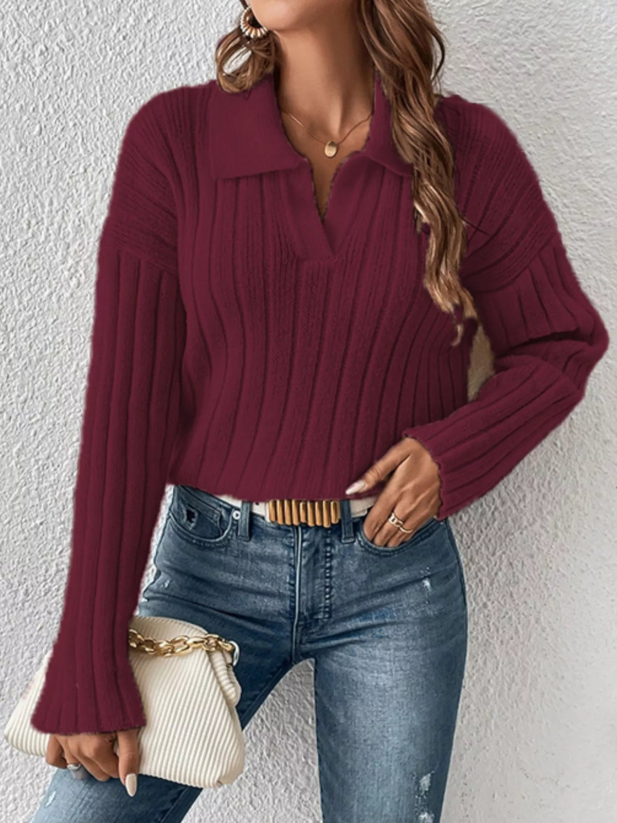 Ribbed Knit Polo Collar Sweater - Red - View 1