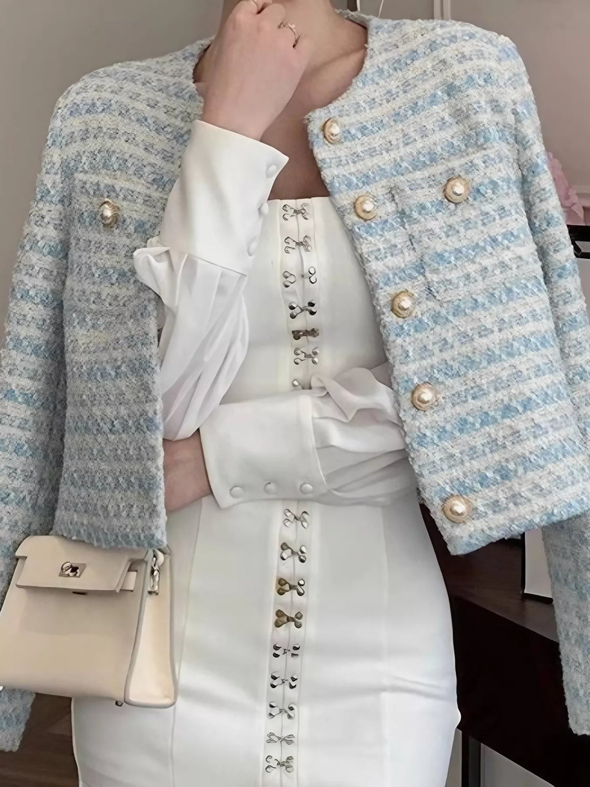Button Up Cropped Tweed Outerwear - Light Blue - View 1