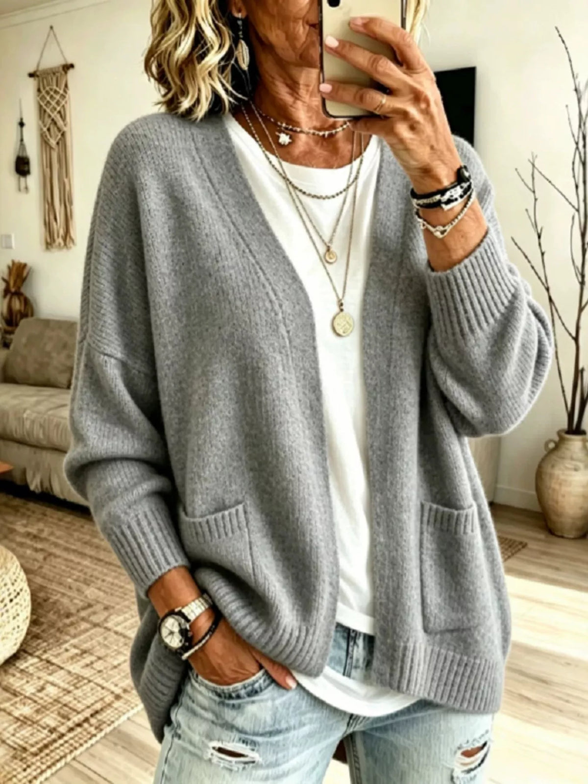 Open Front Knit Cardigan with Pockets - Gray - View 3